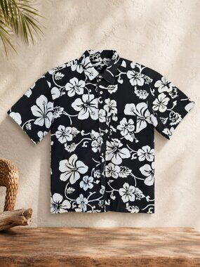 Pacific Scene Black Hawaiian/White Hibiscus Floral Short Sleeve Shirt – L